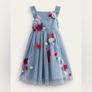 Mini Boden Girls' Light Blue Floral Applique Tulle Dress SZ 4-5Y